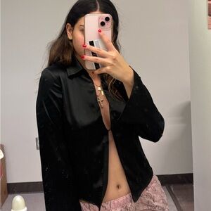 Satin one button collared top